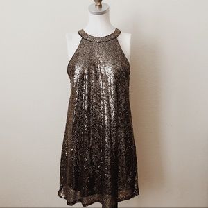 Gold Sequined Halter Dress